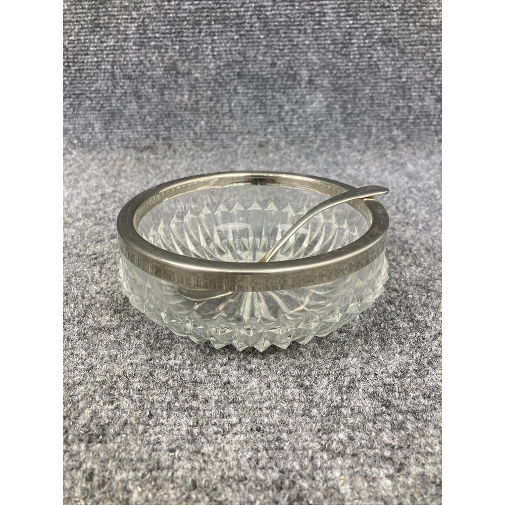 Vintage Sheffield England Cut Glass Silver Rim Fruit Dessert Bowl  & Spoon EUC